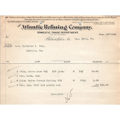 1907 The Atlantic Refining Company Philadelphia Letterhead Billhead Receipt D11