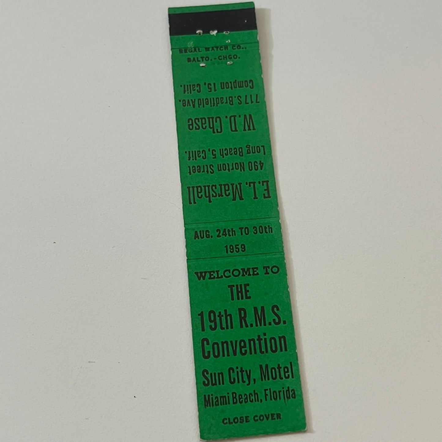1959 RMS Convention E.L. marshall W.D. Chase Vintage Matchbook TB6-MB2-9