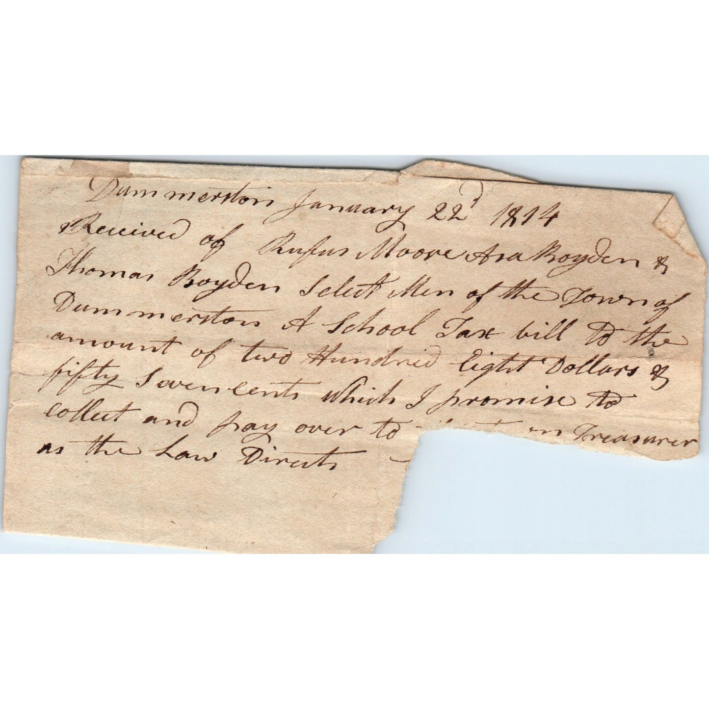 1814 Receipt Eben Miller Rufus Moore Asa & Thomas Boyden Dummerston VT AF2-A3