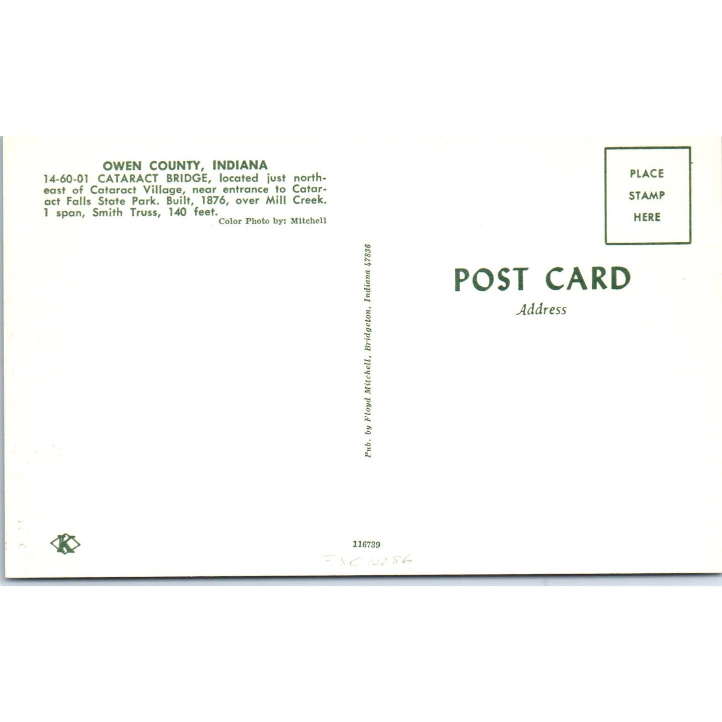 Owen County Indiana Cataract Bridge Vintage Covered Bridge Postcard PD6