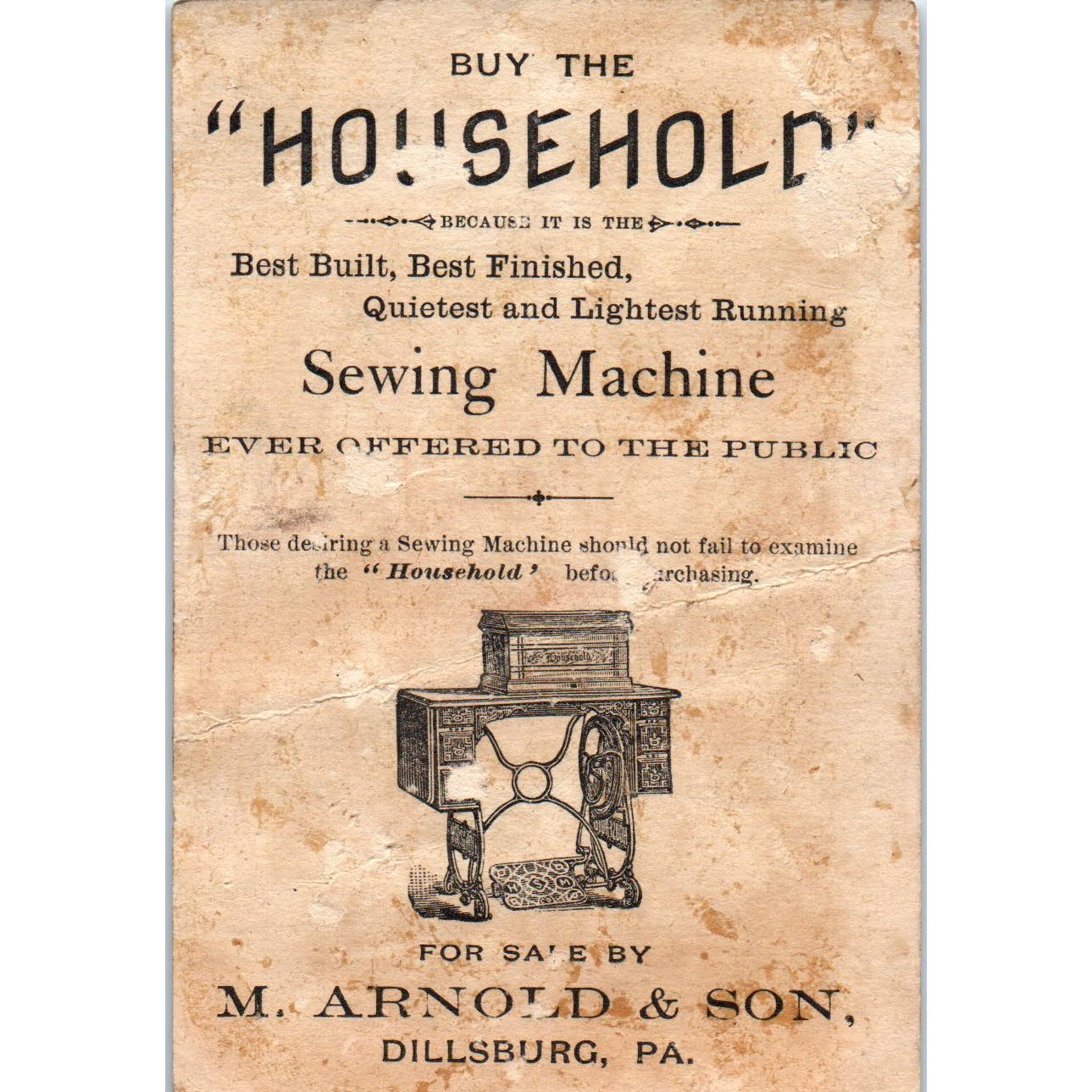 M. Arnold & Son Household Sewing Machine Dillsburg PA c1880 Trade Card AE5