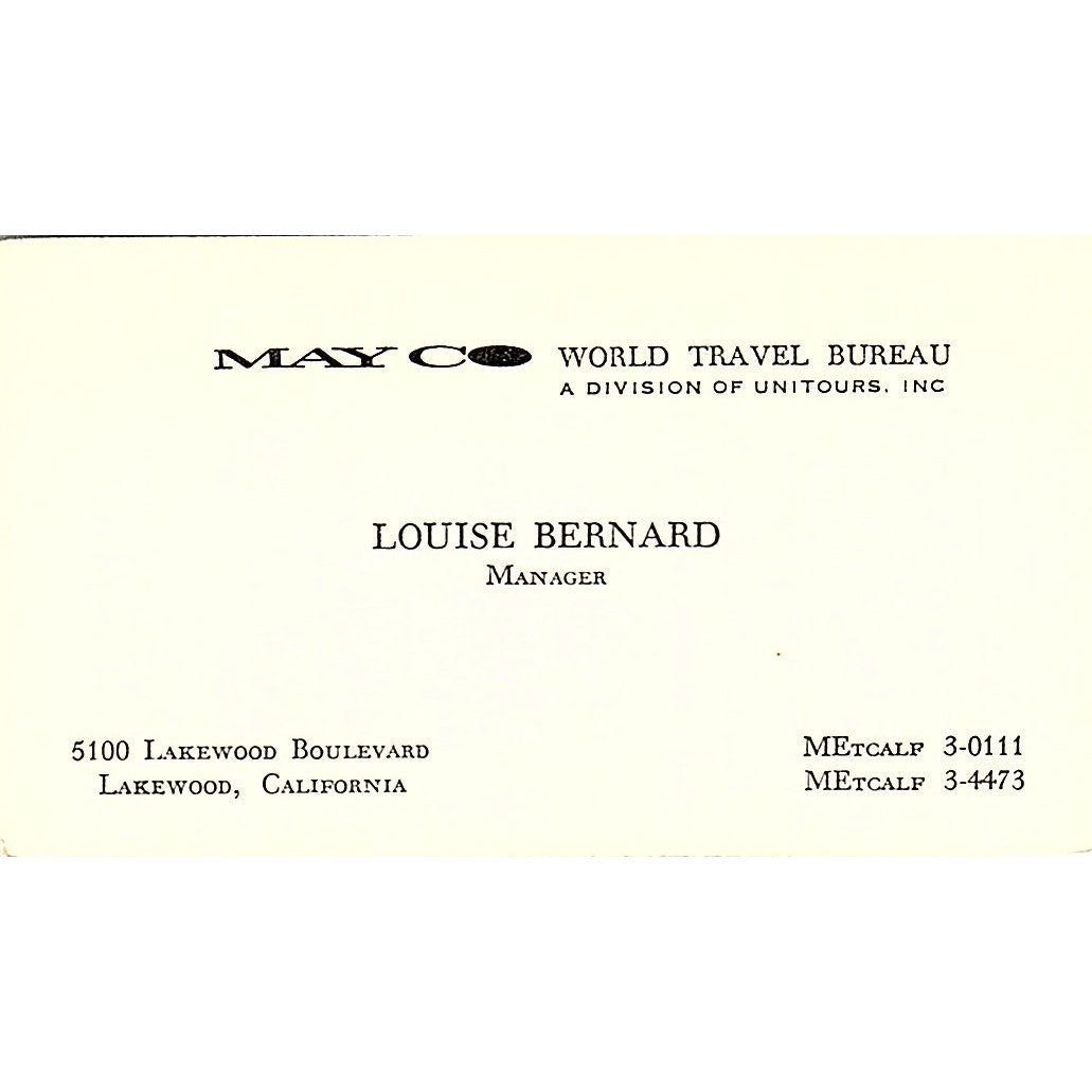 May Co World Travel Bureau Louise Bernard Lakewood CA Business Card SB4-B8