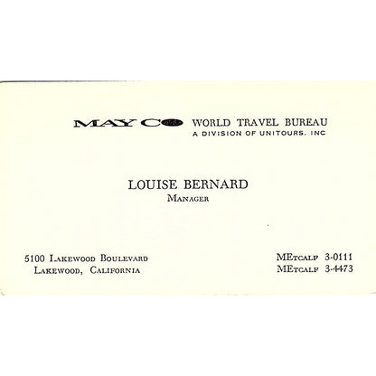 May Co World Travel Bureau Louise Bernard Lakewood CA Business Card SB4-B8