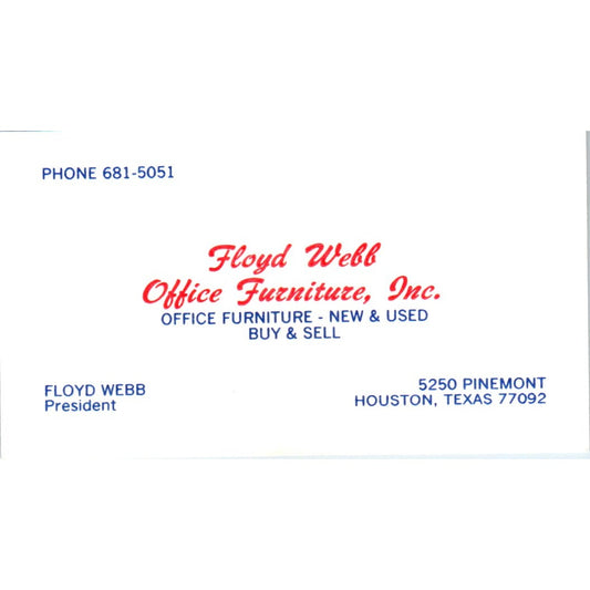 Floyd Webb Office Furniture Houston Vintage Business Card SD8-B20