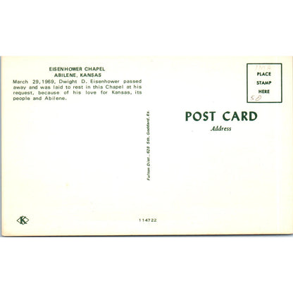 President Eisenhower Chapel Abilene Kansas Vintage Postcard PC17