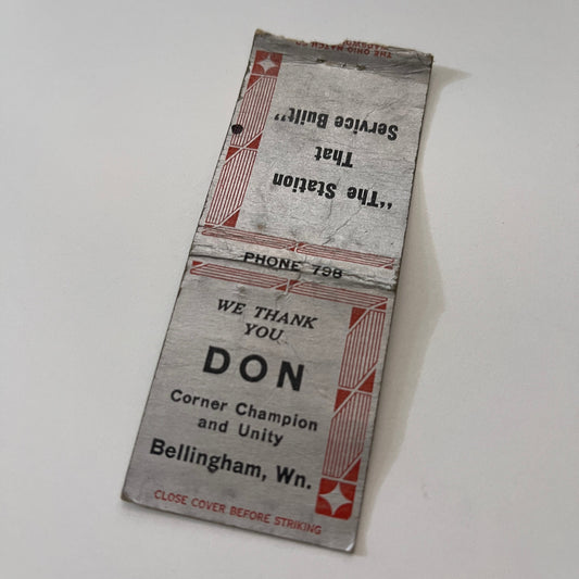 Don Corner Champion and Unity Bellingham Wn Vintage Matchbook Cover TB6-MB2-1