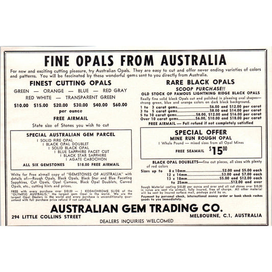 Australian Gem Trading Co Opals Melbourne Australia 1964 Magazine Ad AB6-LL1