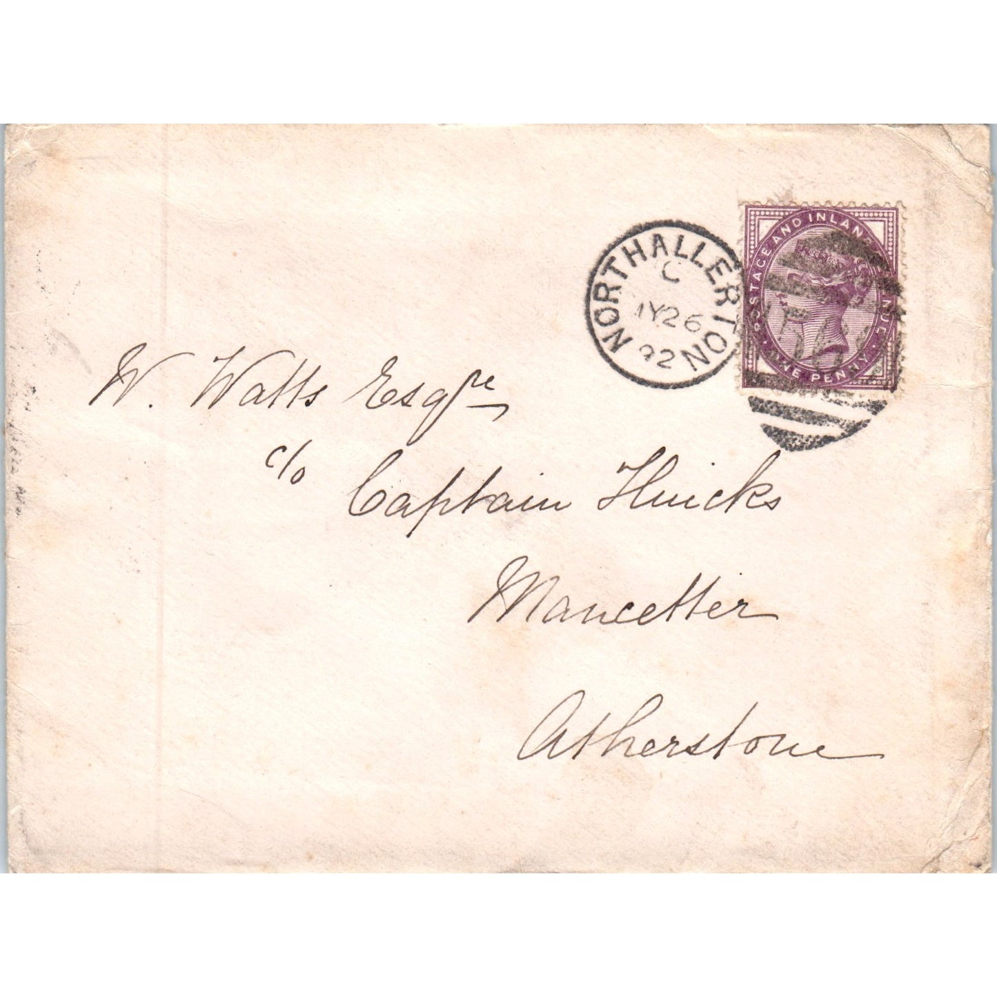 1892 Postal Cover Atherstone Birmingham to Northallerton William Watts AB6-M4