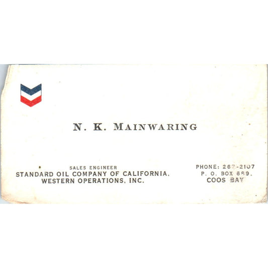 N.K. Mainwaring Coos Bay Standard Oil Of California Vtg Business Card SD8-B21