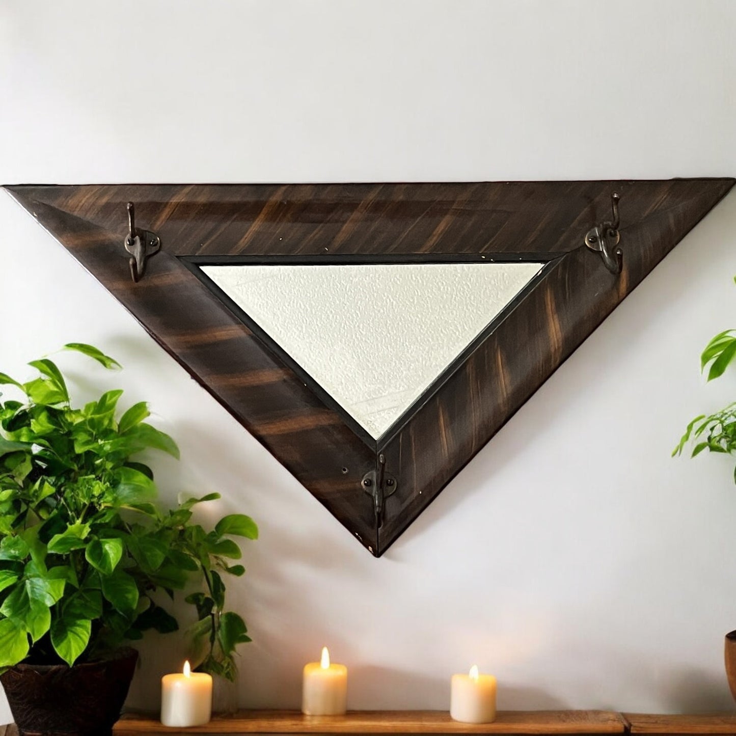 Antique Art Deco Tiger Oak Veneer Triangle Framed Mirror Hat Rack 27x13"