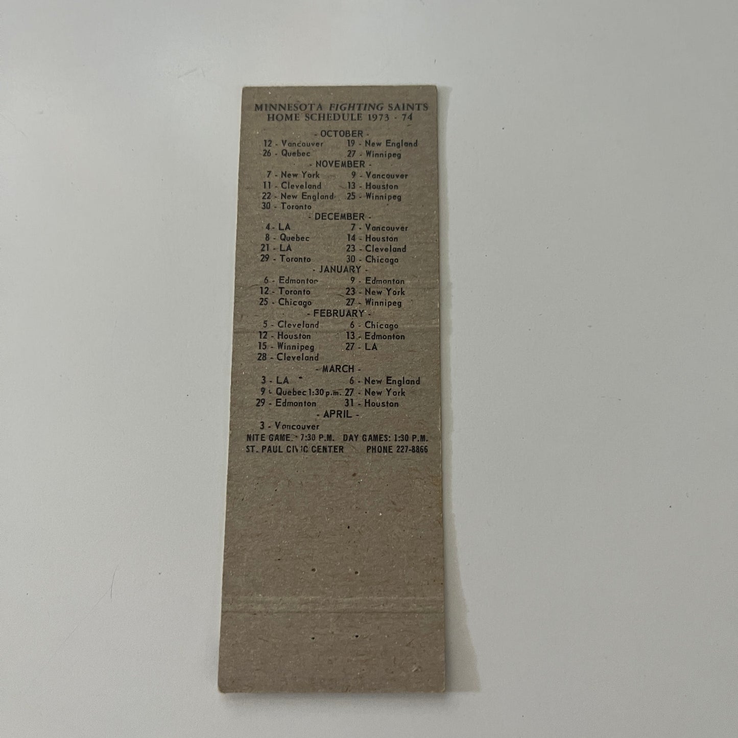 Minnesota Fighting Saints Hockey Schedule 1973-74 Vintage Matchbook Cover MB37-2