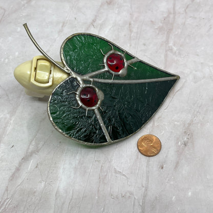 Vintage Ladybugs on Leaf Stained Glass Suncatcher Nightlight TH9