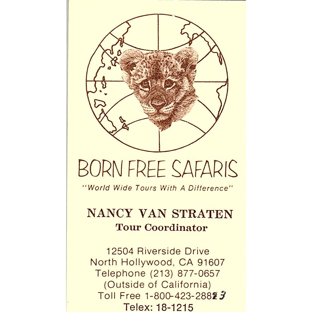 Born Free Safaris Nancy Van Straten North Hollywood CA Business Card SB4-B6