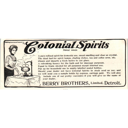 Colonial Spirits Berry Brothers Ltd Detroit c1905 Original Advertisement AE7-A1