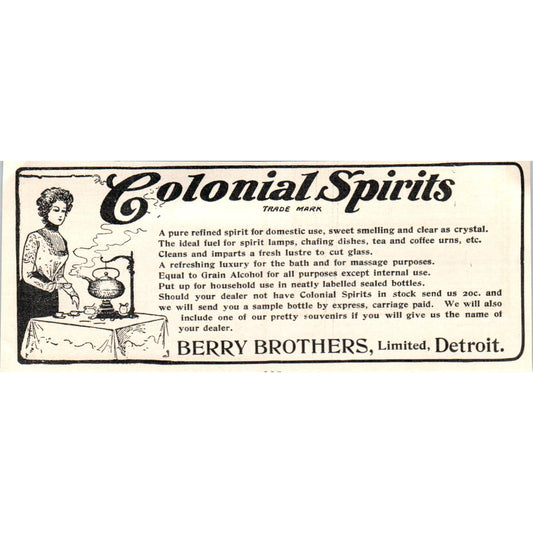 Colonial Spirits Berry Brothers Ltd Detroit c1905 Original Advertisement AE7-A1