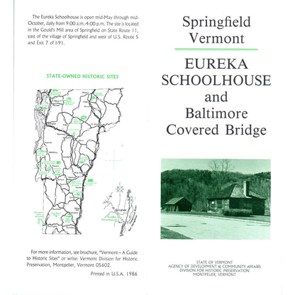 Vtg Eureka Schoolhouse & Baltimore Covered Bridge Springfield VT Brochure TF4-B3