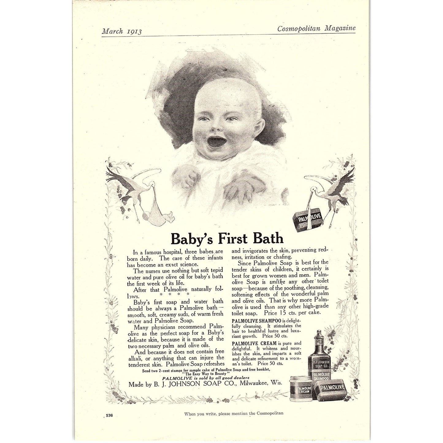 1913 Palmolive Baby's First Bath B.J. Johnson Soap Co Magazine Ad 6.5x9.5 V4