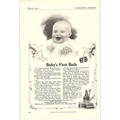 1913 Palmolive Baby's First Bath B.J. Johnson Soap Co Magazine Ad 6.5x9.5 V4