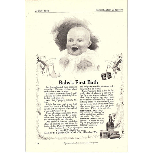 1913 Palmolive Baby's First Bath B.J. Johnson Soap Co Magazine Ad 6.5x9.5 V4