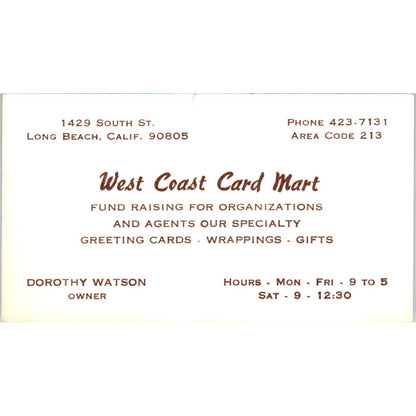 Dorothy Watson West Coast Card Mart Long Beach CA Vintage Business Card SE3-B4