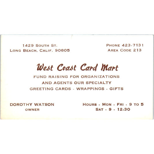 Dorothy Watson West Coast Card Mart Long Beach CA Vintage Business Card SE3-B4