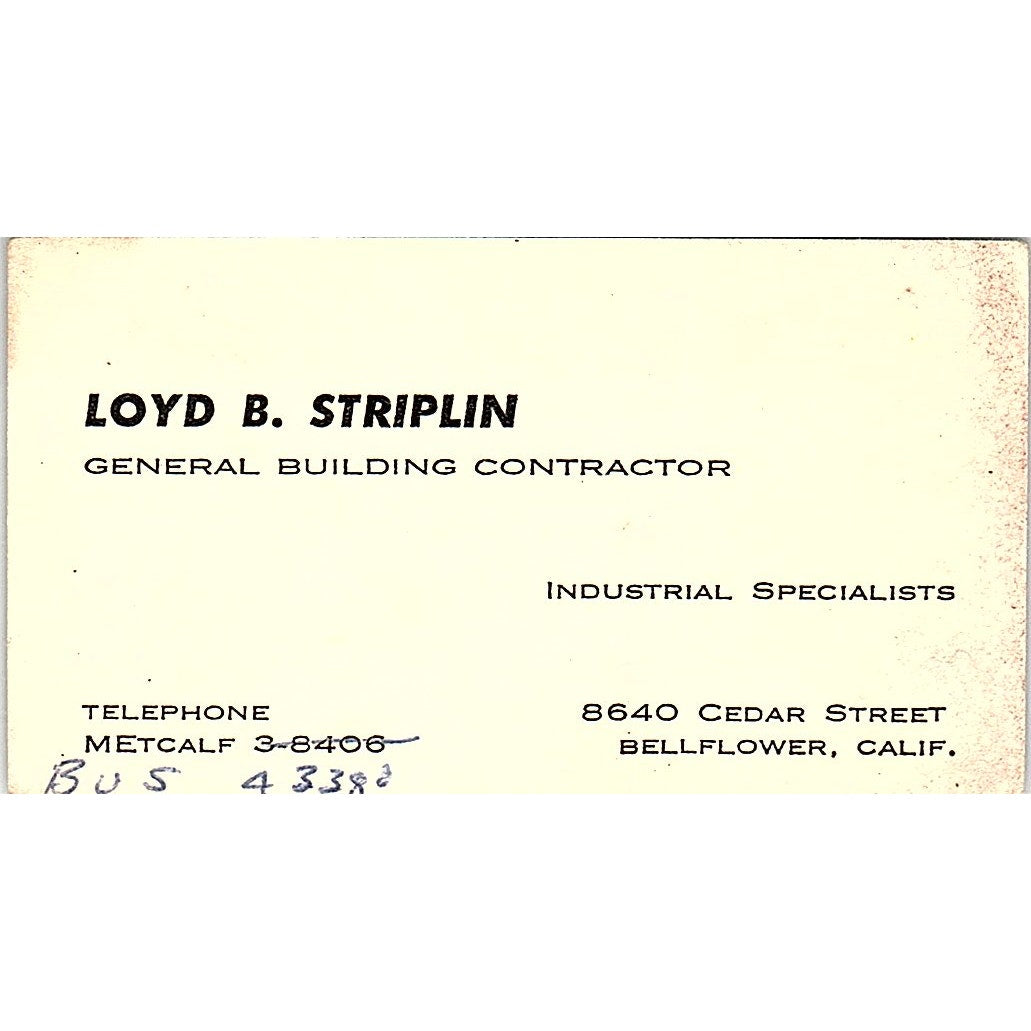 Loyd B Striplin Contractor Bellflower CA Vintage Business Card SD9-B3