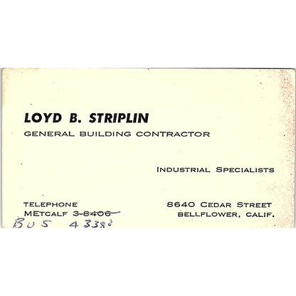 Loyd B Striplin Contractor Bellflower CA Vintage Business Card SD9-B3