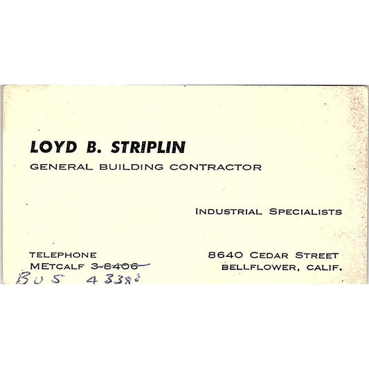 Loyd B Striplin Contractor Bellflower CA Vintage Business Card SD9-B3