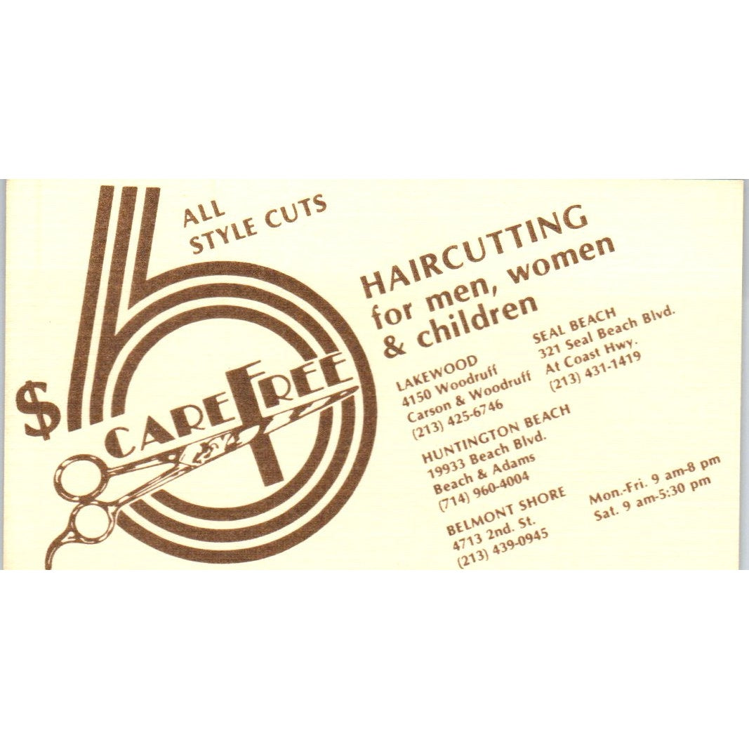 CareFree Haircutting Lakewood Huntington Beach CA Vintage Business Card SD8-B11
