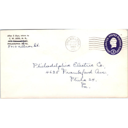 1957 C.W. Judd MD Philadelphia PA Postal Cover Envelope TG7-PC3