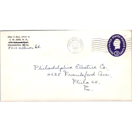 1957 C.W. Judd MD Philadelphia PA Postal Cover Envelope TG7-PC3