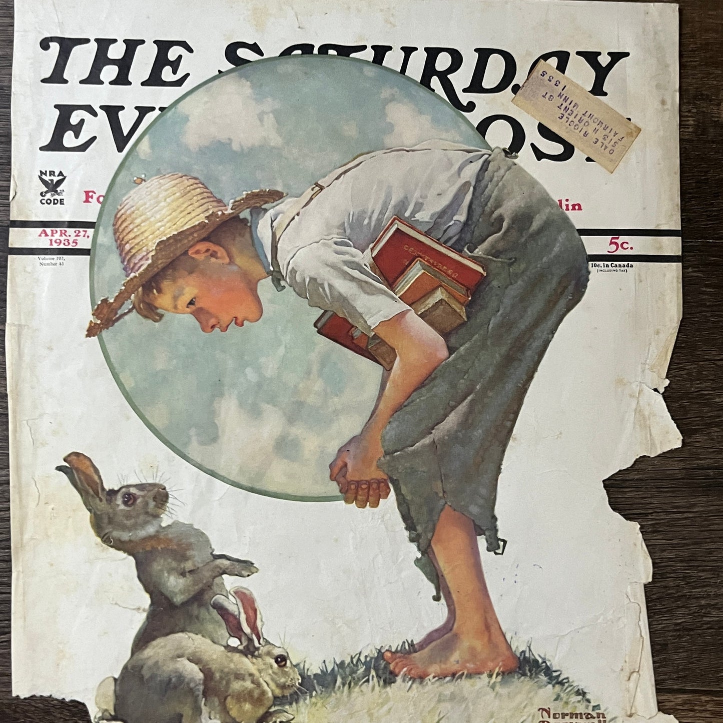 1935 4/27 Saturday Evening Post Cover Only Boy & Bunny Norman Rockwell 10x13 V8