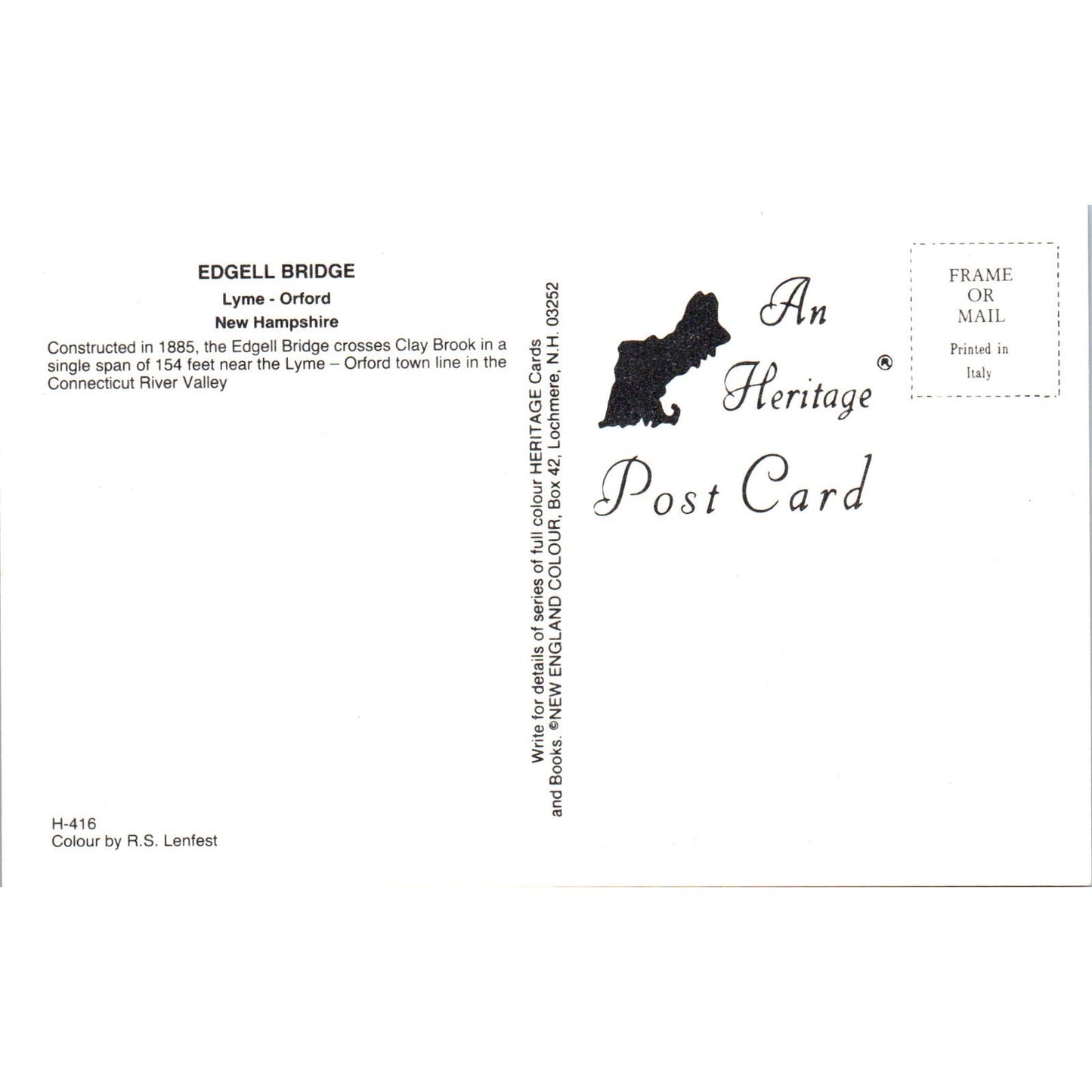 Edgell Bridge Lyme-Orford New Hampshire Covered Bridge Postcard PB12