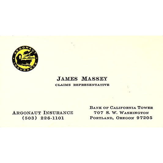 James Massey Argonaut Ins Portland OR Vintage Business Card SD9-B8