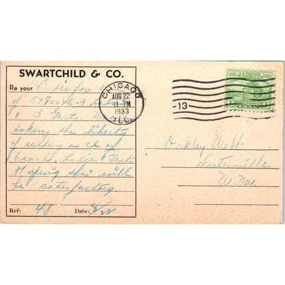 1933 Swartchild & Co to Oakley Webb Sistersville W VA Postal Mailing Card PE7
