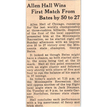 Allen Hall Three Cushion Billiards 1935 Minneapolis Journal Article AE7-N5