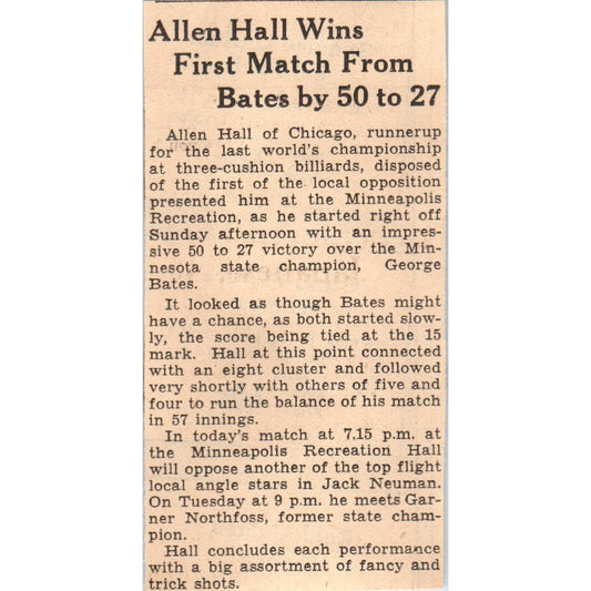 Allen Hall Three Cushion Billiards 1935 Minneapolis Journal Article AE7-N5