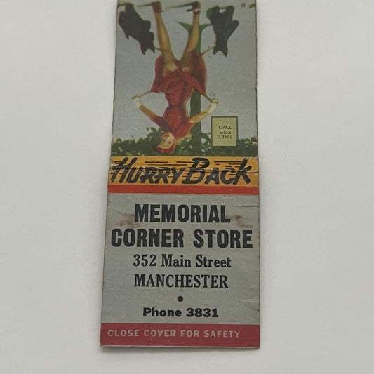 Memorial Corner Store 352 Main St Manchester Vintage Matchbook Cover TB8-MB2-2