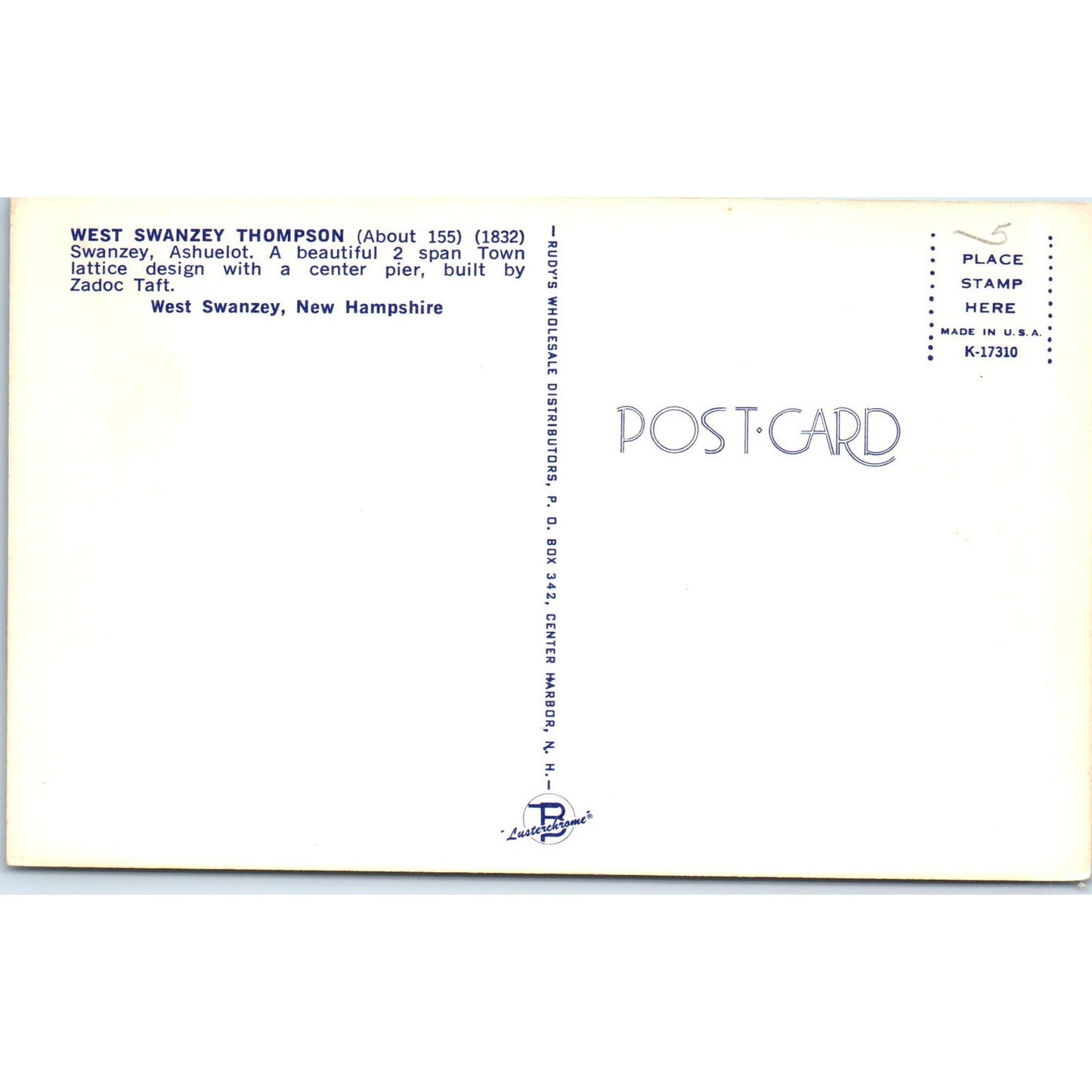 West Swanzey Thompson Ashuelot NH Vintage Covered Bridge Postcard PC13