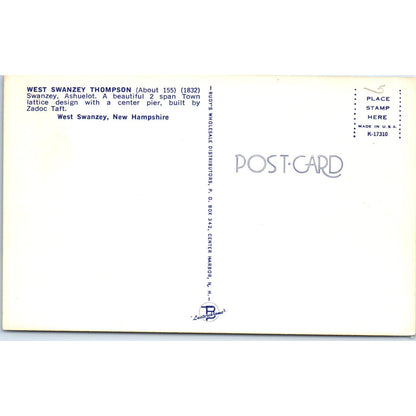 West Swanzey Thompson Ashuelot NH Vintage Covered Bridge Postcard PC13