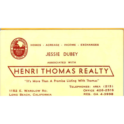 Jessie Dubey Henri Thomas Realty Long Beach CA Vintage Business Card SD8-B1