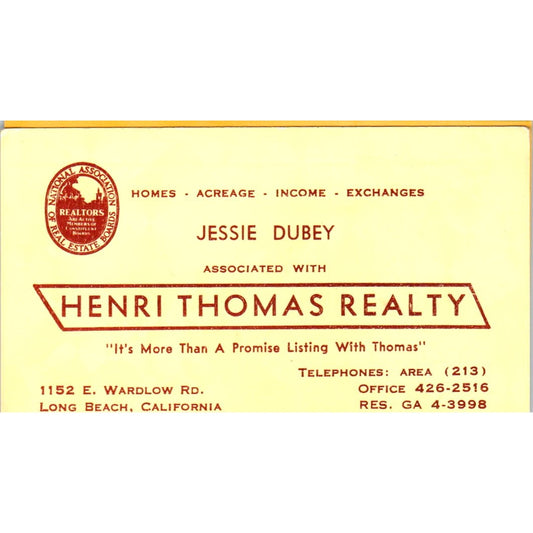 Jessie Dubey Henri Thomas Realty Long Beach CA Vintage Business Card SD8-B1