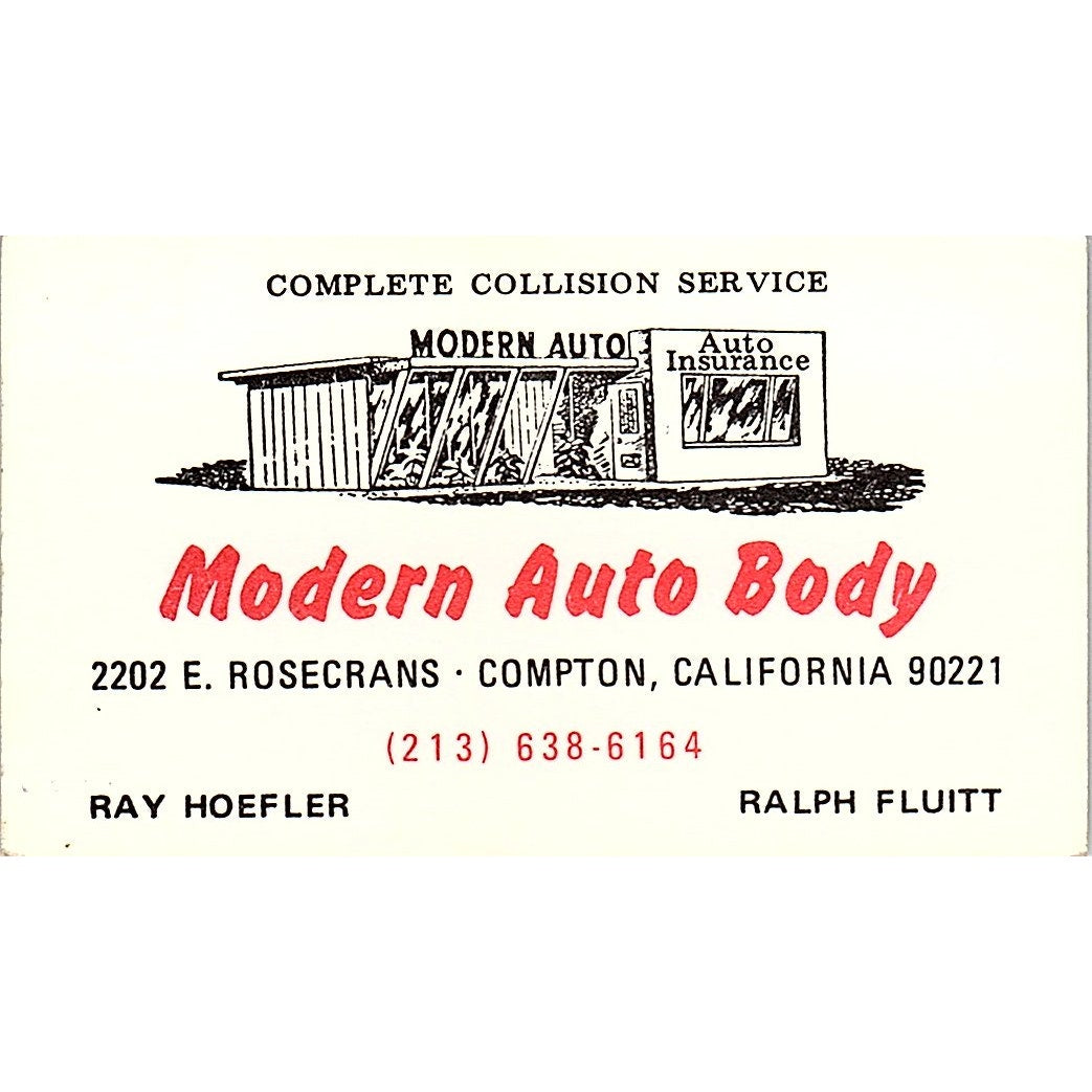 Ray Hoefler Ralph Fluitt Auto Body Compton CA Vintage Business Card SE3-B14