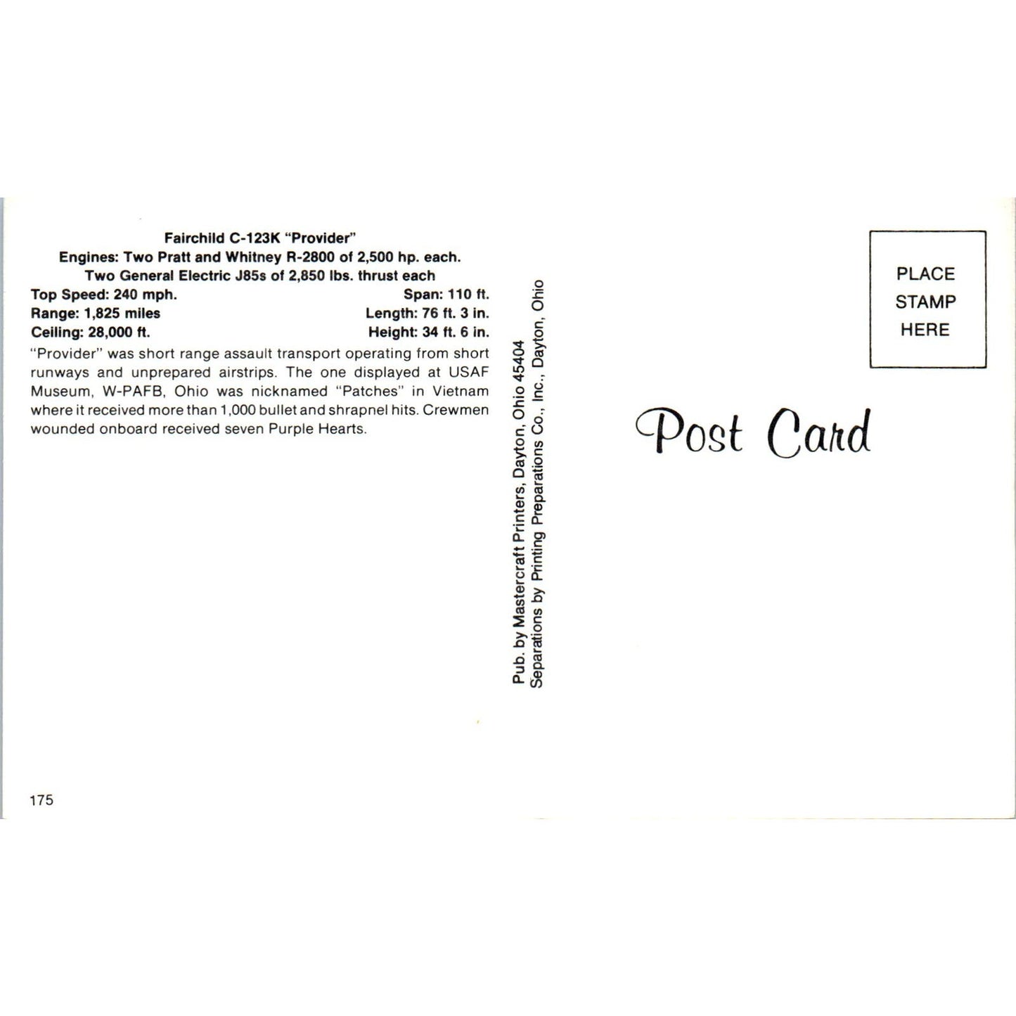 Fairchild C-123K Provider Vintage Postcard TG8-PC
