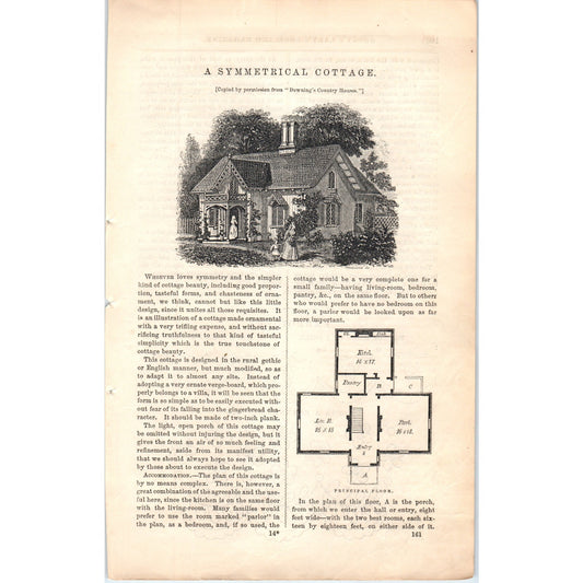 A Symmetrical Cottage With Floor Plan 1857 Original Engraving D19-5