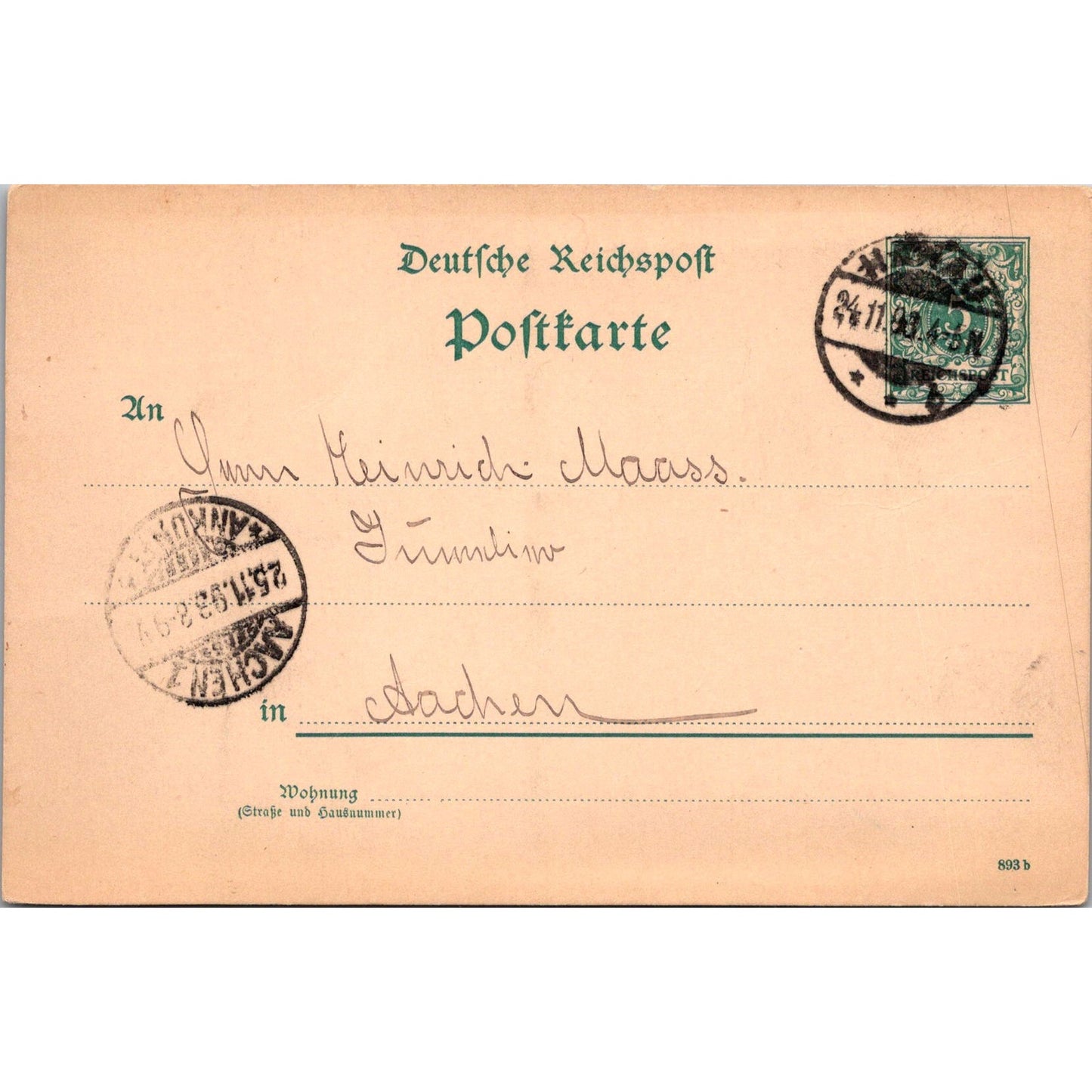 1893 Heinrich Maass Aachen Manau German Reich Postcard P5-12
