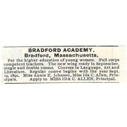 Bradford Academy Ida C. Allen Bradford MA c1890 Victorian Ad AE9-CH3