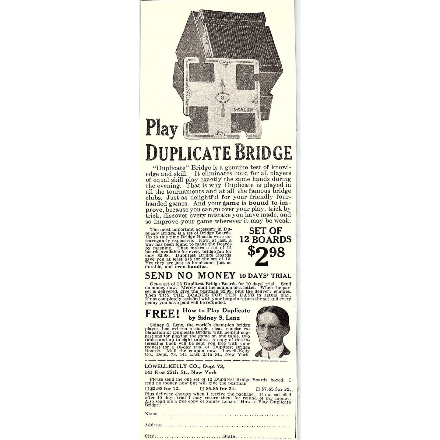 Sidney S. Lenz - Learn Duplicate Bridge Lowell-Kelly Co NY 1926 Ad AG3-7