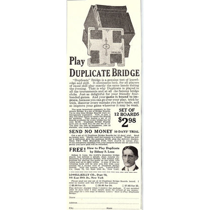 Sidney S. Lenz - Learn Duplicate Bridge Lowell-Kelly Co NY 1926 Ad AG3-7