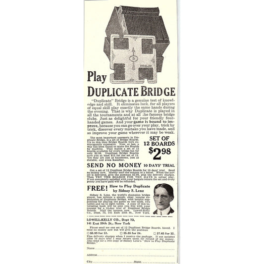 Sidney S. Lenz - Learn Duplicate Bridge Lowell-Kelly Co NY 1926 Ad AG3-7